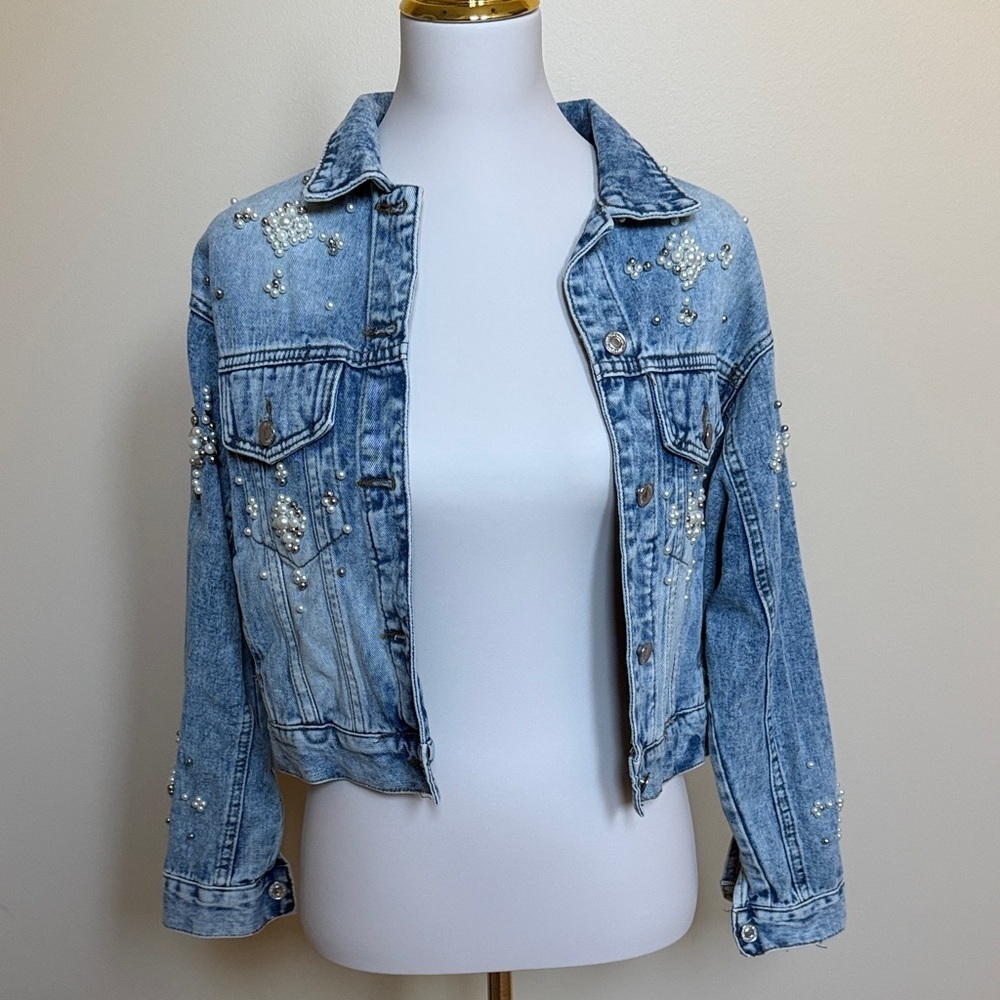 Veveret Pearl Studded Denim Jacket Cropped Jean Jacket Embellished Medium Wash